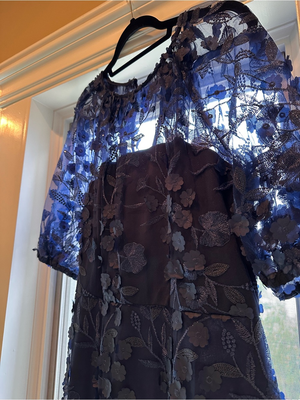 Maggy London Navy Dress with Floral Overlay - Picture 2 of 4